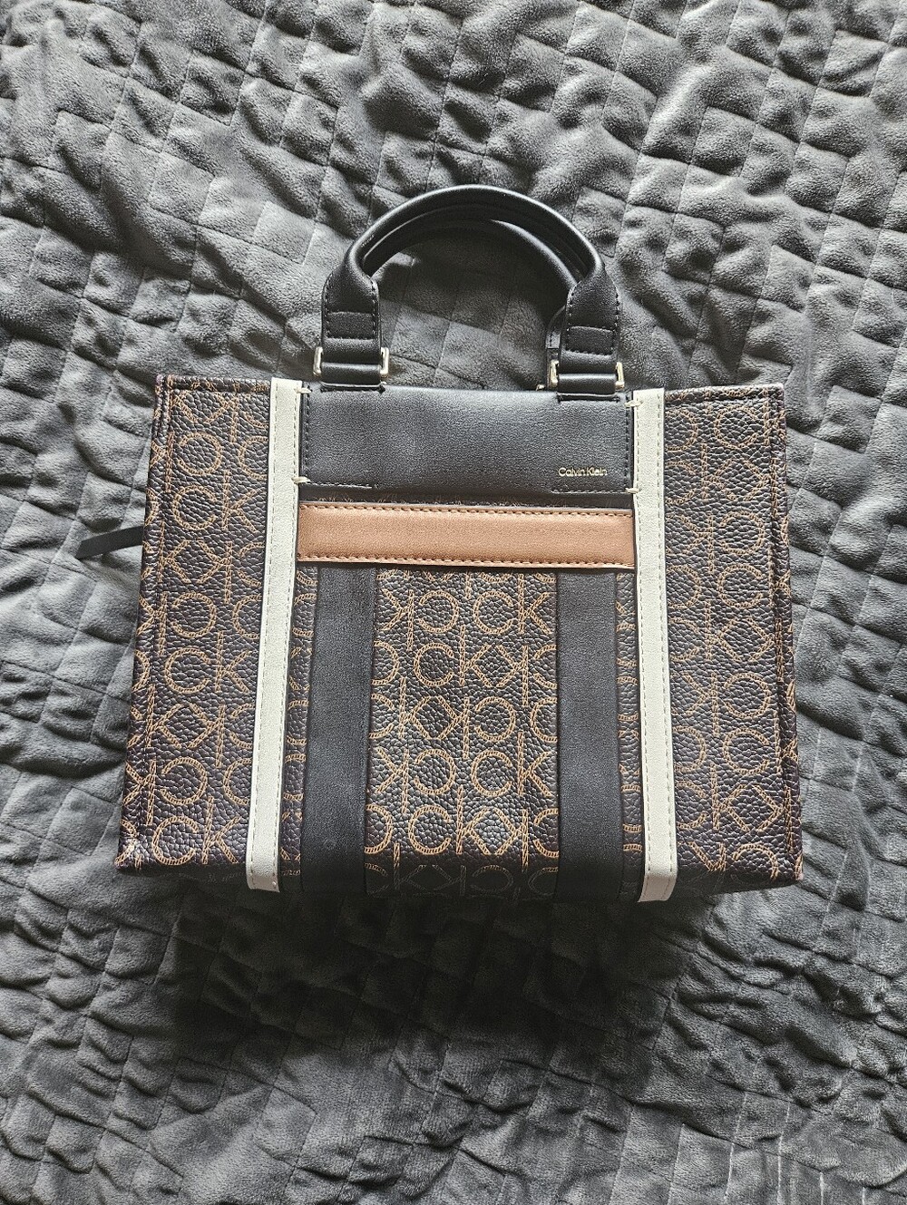 Calvin Klein Brown Logo Tote Bag with Black & Cream Accents